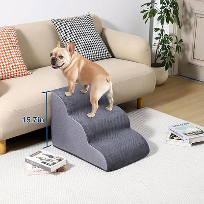 Dog Stairs for Small Dogs 15.7” H, 3-Step Pet Ramp with High-Density Foam, Non-Slip Soft Cover, Dog Steps for Bed, Couch or Sofa, Gray