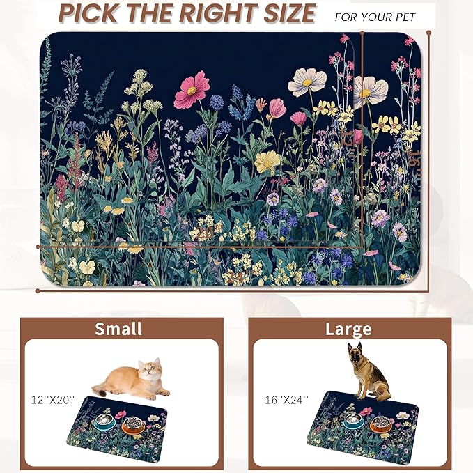 Wildflower Spring Floral Dog Cat Food Mat,Garden Flowers Absorbent Pet Feeding Mat for Food and Water,Non-Slip Dog Bowl Mats Floor Protector 16"x24"