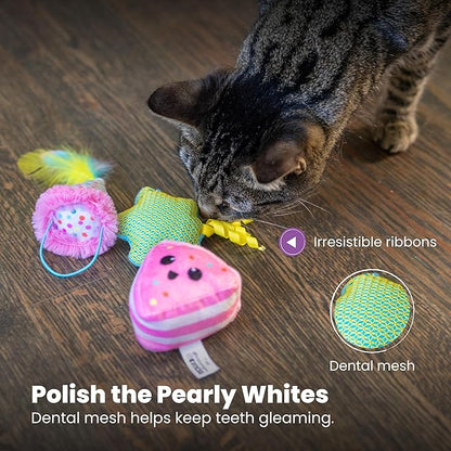 Catstages Happy Purrthday Cat Toys, 3-Pack Catnip Plush Toys with Crinkle, Feathers & Dental Mesh, Multicolored