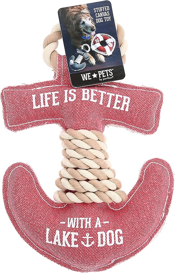 12" x 7" x 2" Red Anchor Shape Life is Better with A Lake Dog Tug of War Rope Handle Sturdy Dog Toy, Dogs for Medium-Large Breeds