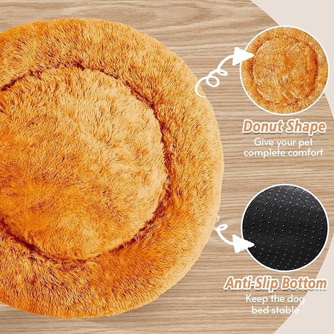 JOLLYVOGUE Calming Dog Bed Medium Size Dog, 31in Donut Washable Medium Pet Bed, Anti-Slip & Anti-Anxiety Fluffy Faux Fur Round Dogs Bed, Fits up to 45 lbs Pets (Orange)