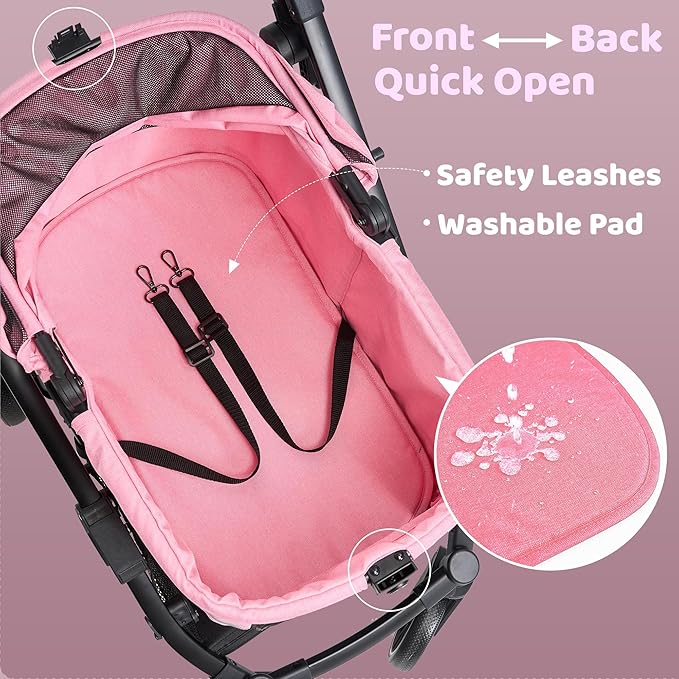 All-Terrain Dog Stroller for Small to Medium Dogs, Pet Stroller for Dogs & Cats Outdoor Walks, One-Hand Easy Fold, Double-Layer Anti-UV & Waterproof Canopy & Breathable Mesh, Sakura Pink