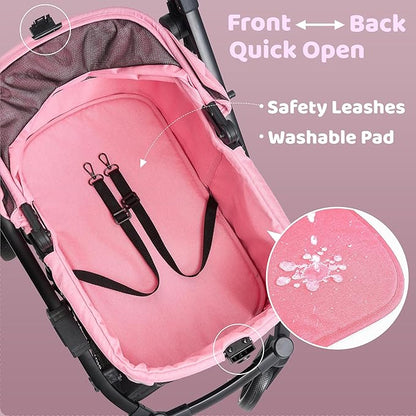 All-Terrain Dog Stroller for Small to Medium Dogs, Pet Stroller for Dogs & Cats Outdoor Walks, One-Hand Easy Fold, Double-Layer Anti-UV & Waterproof Canopy & Breathable Mesh, Sakura Pink