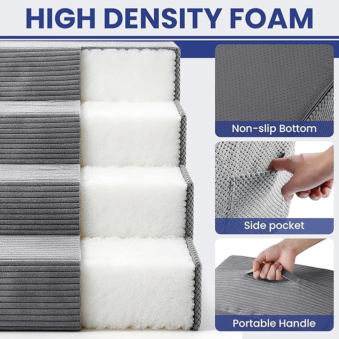 Dog Stairs for Small Dogs, 4-Step Dog Ramp for Bed 17.3" H, Dogs Steps for Bed, Couch, Pet Stairs with Non-Slip Bottom Design,High Density Foam Portable Pet Steps, Grey