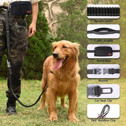 Hands Free Dog Leash with Zipper Pouch, Double Handle Running Reflective Bungee Waist Leash for Dog Walking, Training and Hiking for Small Medium Large Dogs (Black)