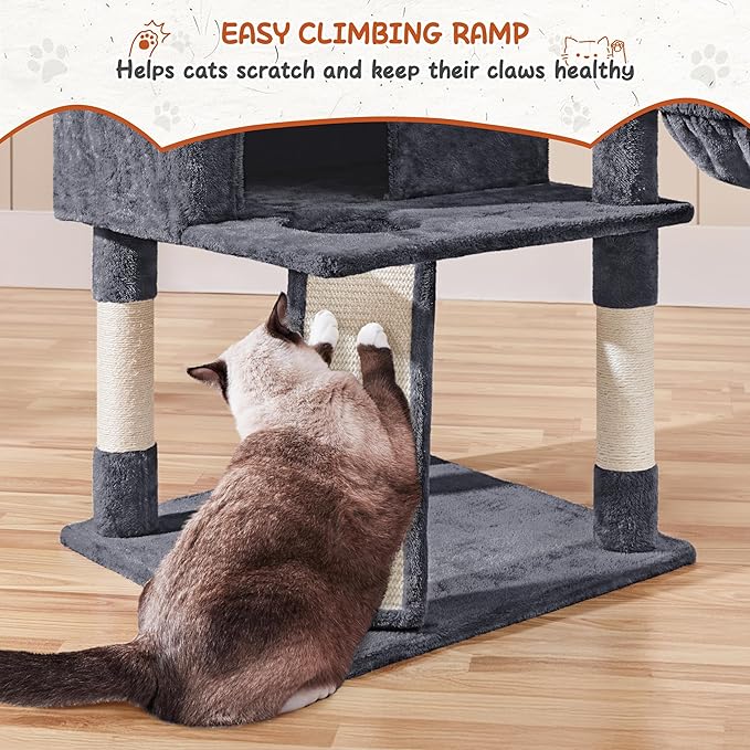 Yaheetech 76.5in Multi-Level Large Cat Tree, Big Cat Tower with 3 Condos, Cozy Plush Perches, 9 Sisal Scratching Posts and Ladder, Activity Center for Large Kitties, Dark Gray
