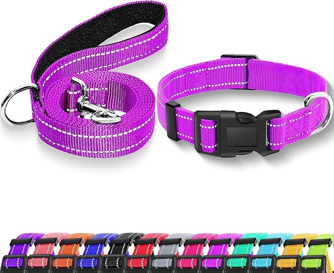 Reflective Dog Collar with Safety Locking Buckle, Adjustable Soft Breathable Nylon Collars for Small, Medium and Large Dogs(Collar+Leash M Rosered)