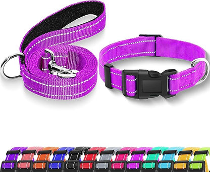 Reflective Dog Collar with Safety Locking Buckle, Adjustable Soft Breathable Nylon Collars for Small, Medium and Large Dogs(Collar+Leash S Width 3/4" Rosered)