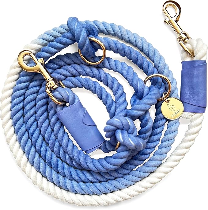 Hands Free Eco Friendly Handmade Multifunctional Cotton Rope Dog Leash 8.2 FT with Adjustable Double Swivel Hook for Medium and Large Dogs Running Hiking Camping Walking (Blue)