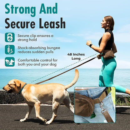 Hands Free Dog Leash with Dog Treat Pouch - Stylish & Trendy Waist Leash for Dog Walking - Wear Around the Waist or Crossbody - Durable & Detachable - Shock Absorbing - Waste Bag Dispenser