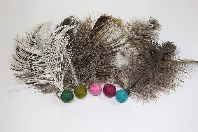 Catnip Infused Felt Ball with Natural Ostrich Feathers/Cat Toss Toy/Pet Toys/Catnip Toys/Cat Toys (5 Pack)