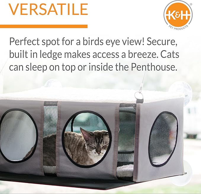 K&H Pet Products EZ Mount Cat Window Perch Penthouse 2-level Tree, Sturdy Window Perch for Large Cats, Steel Frame, Sturdy Suction Cups, Enclosed Privacy Area - Fits 24"W X 34"H Glass Spaces