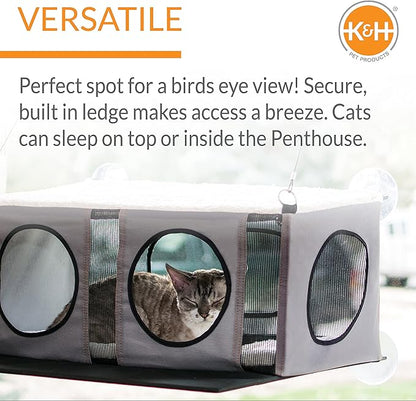 K&H Pet Products EZ Mount Cat Window Perch Penthouse 2-level Tree, Sturdy Window Perch for Large Cats, Steel Frame, Sturdy Suction Cups, Enclosed Privacy Area - Fits 24"W X 34"H Glass Spaces