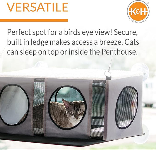K&H Pet Products EZ Mount Cat Window Perch Penthouse 2-level Tree, Sturdy Window Perch for Large Cats, Steel Frame, Sturdy Suction Cups, Enclosed Privacy Area - Fits 24"W X 34"H Glass Spaces