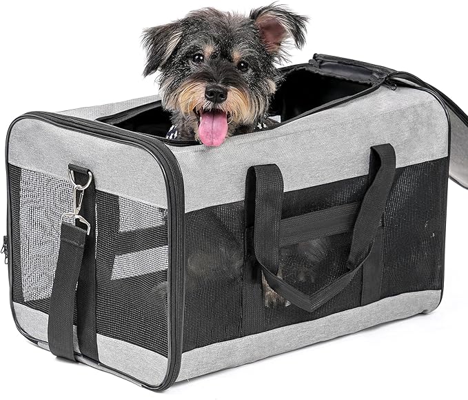 Dog Carrier Soft Sided, Large Cat Carrier with Inner Safety Leash, Pet Transport Carrier for Large Cats and Medium Dogs up to 20 Lbs, Collapsible Travel Puppy Carrier Bag -Gray L