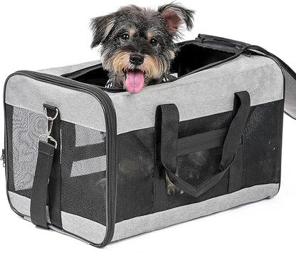 Dog Carrier Soft Sided, Large Cat Carrier with Inner Safety Leash, Pet Transport Carrier for Large Cats and Medium Dogs up to 20 Lbs, Collapsible Travel Puppy Carrier Bag -Gray L