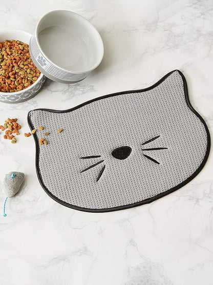 Bone Dry Embroidered Microfiber Cat Shape Pet Food & Water Placemat-Gray