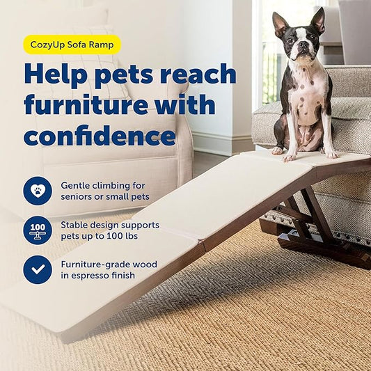PetSafe CozyUp Sofa Ramp - Adjustable Height Anti-Slip Couch Access Ramp - Heavy Duty Carpet Cover for High Traction - Foldable & Easy to Carry - Older Pet Climbing Aid - Espresso Wooden Finish