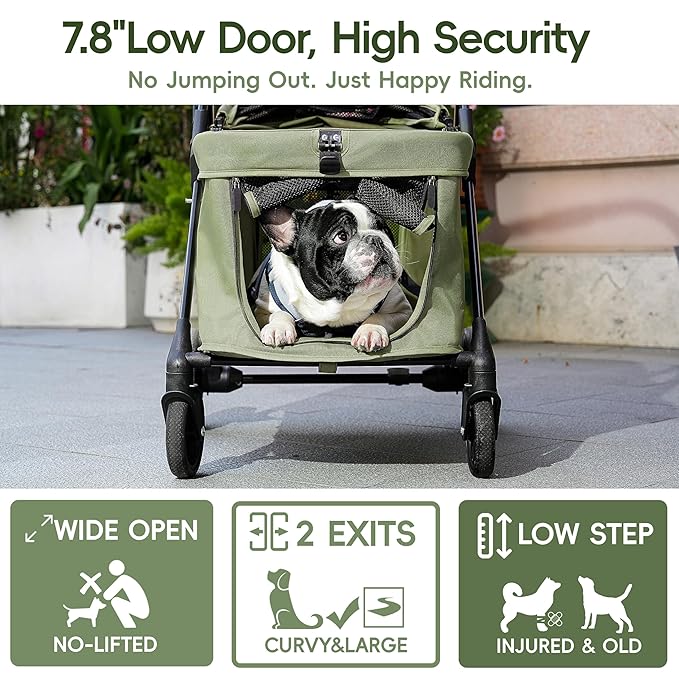 Dog Stroller for 2 Small Dogs or 1 Medium Pet, Low-Entry Design with Anti-Jump-Out, 600D Oxford Fabric, Up to 70 lbs, Green