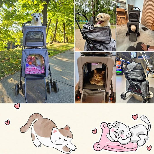 Double Dog Stroller, Foldable 3-in-1 Cat Strollers with 2 Detachable Carriers, Safety Belt, Washable Cover, Removable Pads, 4 Wheels Travel Pet Stroller for Small Medium Dogs(Grey)