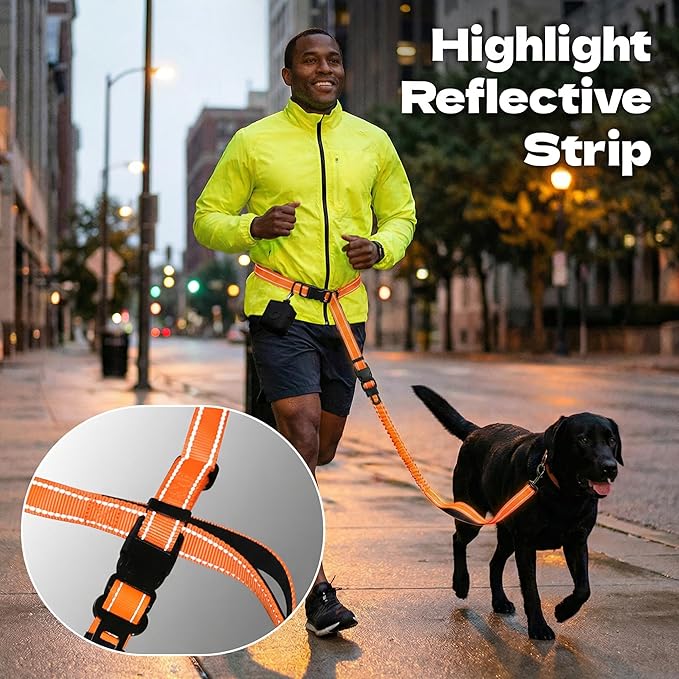 6-in-1 Hands-Free Dog Leash, Waist & Crossbody Bungee Lead with Dual Padded Handles, Bungee Shock Absorbing, Seat Belt Buckle, Reflective for Small Medium Large Dogs, Orange