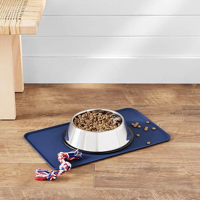 Amazon Basics Waterproof Non-Slip Silicone Pet Feeding Mat with Raised Edges, Prevents Spills, Easy to Clean, Protects Floors for Cat & Dog Food and Water Bowls, 18.5 x 11.5 Inches, Blue
