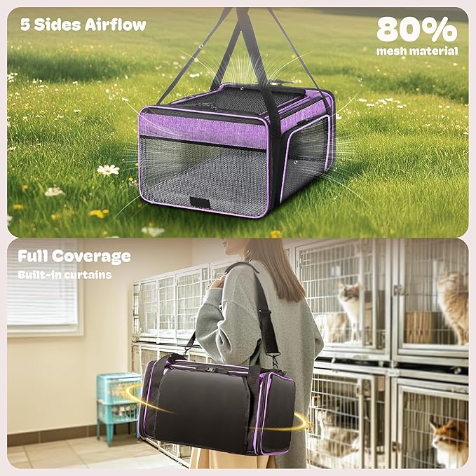 Top and 2 Sides Expandable Cat Carrier 18x13.5x9.5, TSA Airline Approved Dog Carriers for Small Dogs, Soft-Sided Pet Carrier with Self-Locking Zippers for Kitten,Rabbit, Puppy Purple