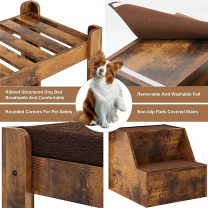 Dog Window Perch with Stairs, Indoor Dog Bunk Bed to Look Out Window, Large Pet Window Seat for Dogs and Cats, Vintage Wood