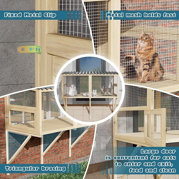 MAGIC UNION Cat Catio, Cat Window Perch for Indoor Cats - Expandable Wooden Windows Box Enclosure, Waterproof Cats Windows Hammock for Enjoying The Outdoor Sights (Original Wood, 82.6" L)