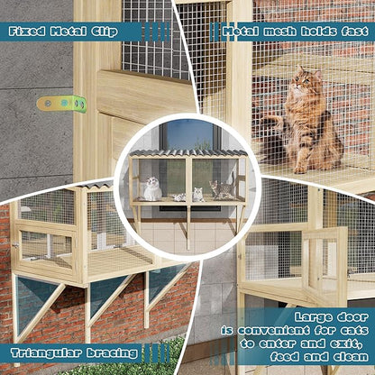 MAGIC UNION Cat Catio, Cat Window Perch for Indoor Cats - Expandable Wooden Windows Box Enclosure, Waterproof Cats Windows Hammock for Enjoying The Outdoor Sights (Original Wood, 82.6" L)
