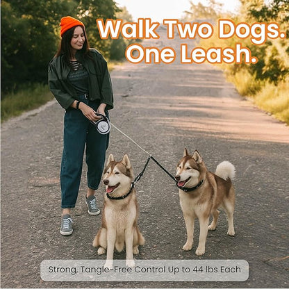 Dual Retractable Dog Leash,10 FT Tangle-Free Leash for 2 Dogs, Detachable for Single Use,One-Button Brake & Lock, Up to 44 lbs Each, 360° Swivel, Non-Slip Handle + Poop Bag Holder (Grey)