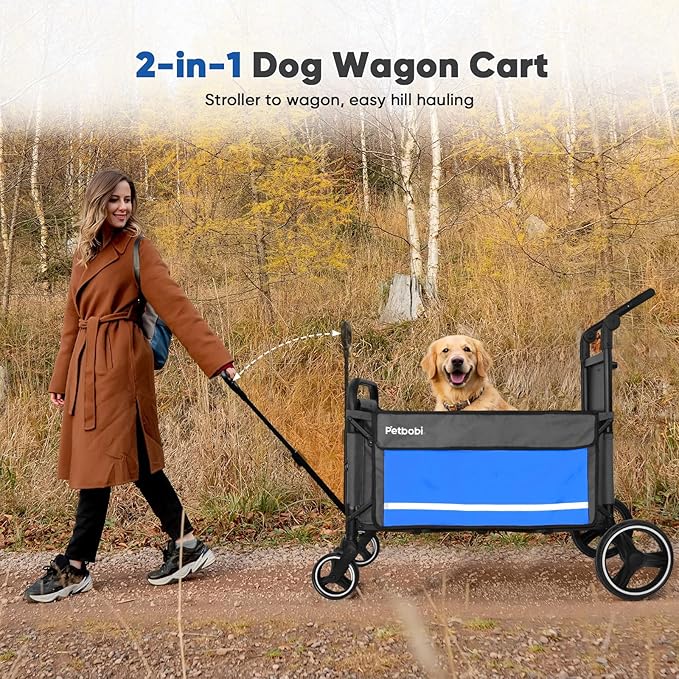 Petbobi 2-in-1 Dog Wagon Stroller for Large & Medium Dogs – Foldable Push & Pull Stroller with Ramp, 360° Swivel Wheels, Adjustable Handles & Safety Leashes for Walking Camping Parks