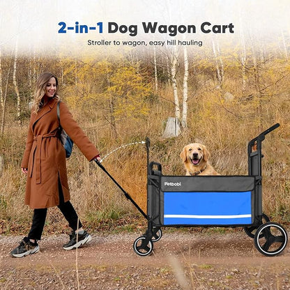 Petbobi 2-in-1 Dog Wagon Stroller for Large & Medium Dogs – Foldable Push & Pull Stroller with Ramp, 360° Swivel Wheels, Adjustable Handles & Safety Leashes for Walking Camping Parks