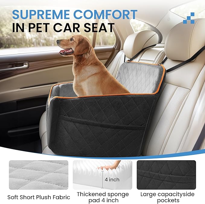 Dog Car Seat for Medium Dogs - Pet Car Seat with 2 Safety Straps & Waterproof Padding, Portable Pet Carrier for Cars, Trucks & SUVs, Comfortable Booster Bed for Pets Up to 55lbs (Black/Grey)