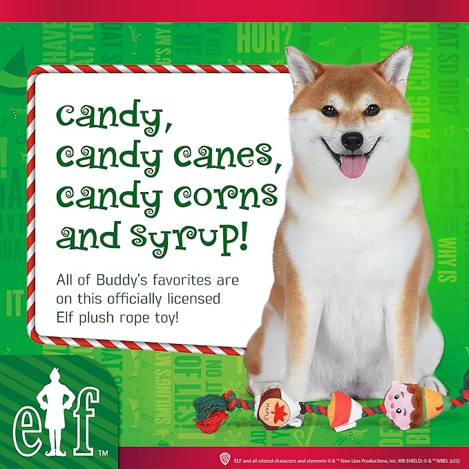 Elf for Pets 7" Dog Plush & Rope Candy Toy | Squeaky Plush Toys, Rope Tug Toys for Dogs | Officially Licensed Pet Product for Dogs & Pet Stocking Stuffers, Buddy, Candy, & Maple Syrup Rope (FF23461)