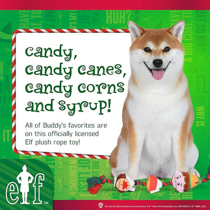 Elf for Pets 7" Dog Plush & Rope Candy Toy | Squeaky Plush Toys, Rope Tug Toys for Dogs | Officially Licensed Pet Product for Dogs & Pet Stocking Stuffers, Buddy, Candy, & Maple Syrup Rope (FF23461)