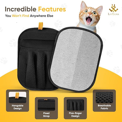 Pet Hair Removal Glove 2 Pack - Electrostatic Cat Hair Remover for Couch Furniture | Dog Hair Remover Magic Brush Reusable | Pet Hair Remover for Clothes Laundry Carpet Car Seat [with Grooming Brush]