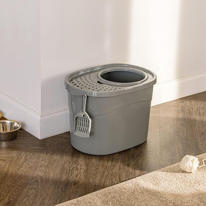 Amazon Basics Large Cat Litter Box with High Sides, Top Entry, Odor Control, Includes Scoop, 20.5 x 14.75 x 14.38 inches, Grey