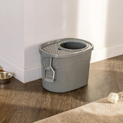 Amazon Basics Large Cat Litter Box with High Sides, Top Entry, Odor Control, Includes Scoop, 20.5 x 14.75 x 14.38 inches, Grey
