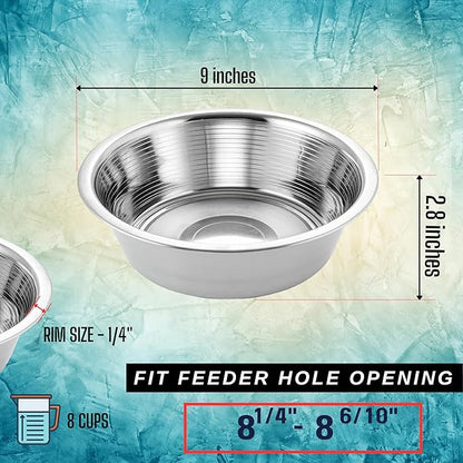 Stainless Steel Dog Bowls Set, 2 Pack for Replacement Dogs Bowl Stand, 8 Cups Metal Dog Bowls, 9 Inch Wide Medium Large Dogs Water Bowl for Raised Feeder with Opening 8.25" - 8.6"