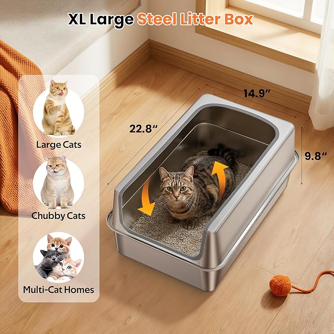 Stainless Steel Litter Box with Metal Lid and Scoop - Enclosed Metal Litter Box for Large Cats, Rust-Resistant, Odor-Control, Easy to Clean, Durable & Long-Lasting with Round Edge (XL-)
