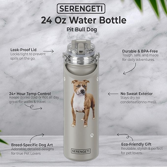 SERENGETI 24 Oz Water Bottle Stainless Steel with Spill Proof Lid - Double walled Vacuum Insulated water flask - Realistic 3D Print of your favorite dog (Pit Bull)