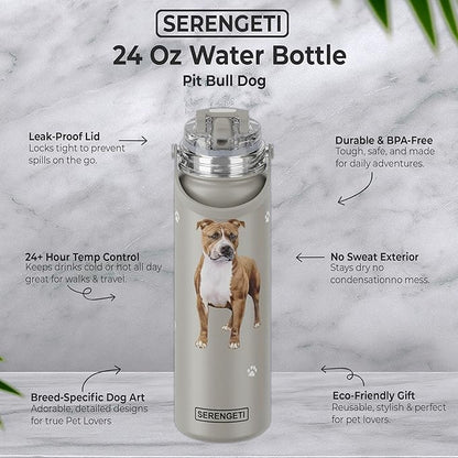 SERENGETI 24 Oz Water Bottle Stainless Steel with Spill Proof Lid - Double walled Vacuum Insulated water flask - Realistic 3D Print of your favorite dog (Pit Bull)
