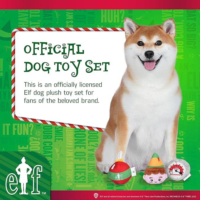 Elf: Holiday Plush Squeaker Buddy The, Clausometer, and Ornament Ball Set - 3pc Toy Set(3”)
