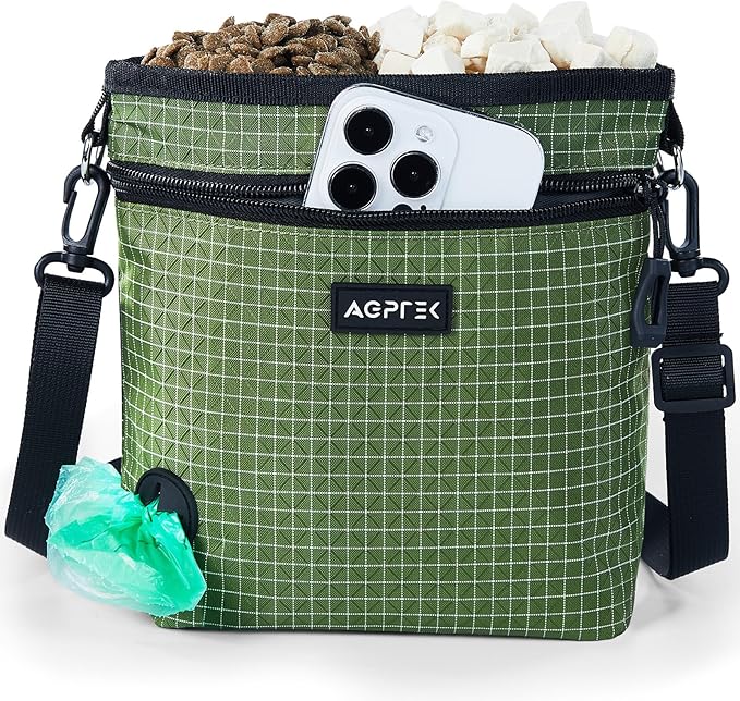 AGPTEK Dog Treat Pouch, Magnetic Dog Walking Pouch with Removable & Split Snack Bag, Water-Resistant Waist Pack with Poop Bag Dispenser & Hands-Free D-Ring for Training, Walking, Hiking, Run, Green