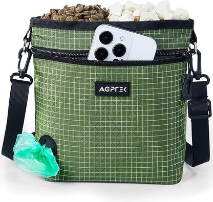 AGPTEK Dog Treat Pouch, Magnetic Dog Walking Pouch with Removable & Split Snack Bag, Water-Resistant Waist Pack with Poop Bag Dispenser & Hands-Free D-Ring for Training, Walking, Hiking, Run, Green