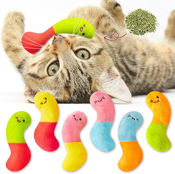 L1rabe Worm Candy Catnip Stuffed Toys - 6P Summer National Pet Day Worm Organic Cat Toys Funny Indoor Chew Bite Kick Tools, Interactive Pet Supplies Cat Lovers Kittens Birthday Pet Presents
