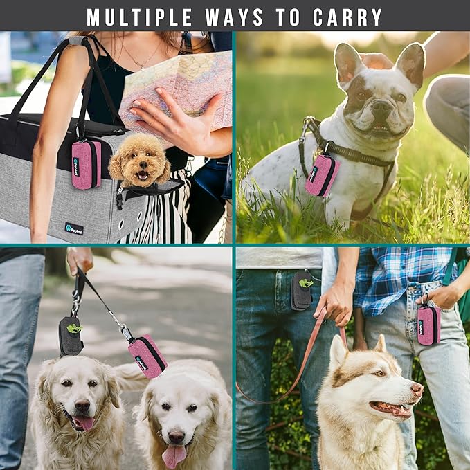 PetAmi Dog Poop Bag Holder & Waste Bag Dispenser with Clip-On Pouch Includes 1 Roll of Pet Waste Bags Portable Dog Walking Accessories for Leash, Belt or Backpack, Pink