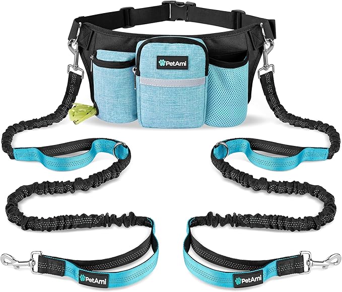 PetAmi Premium Hands Free Dog Leash for 2 Dogs, Adjustable Waist Belt for Dog Walking, Fanny Pack Accessories Bag Dual Bungee for Running, Hiking, Jogging, Biking, Turquoise Blue