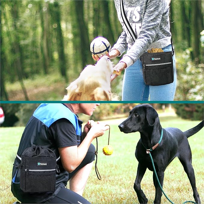 PetAmi Dog Treat Pouch, Pet Treat Pouch For Training, Dog Walking Bag Holder for Kibbles, Pet Food Toy, Dog Trainer Essentials Supplies, Poop Bag Dispenser, 3 Ways to Wear (Black)